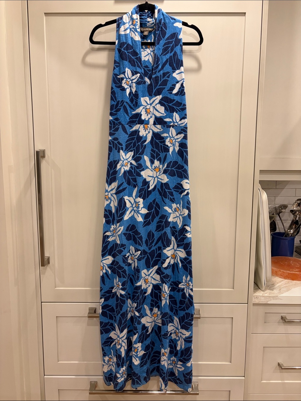 Tommy Bahama Blue and White Floral 95% linen Maxi Dress with Orange Accents